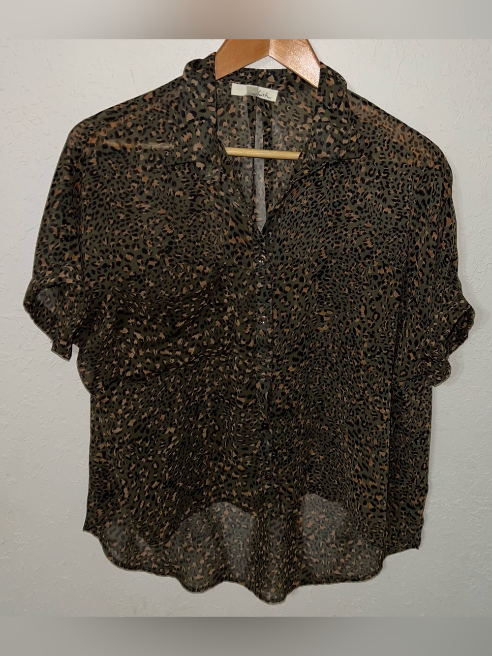Lush Button Down Olive Green Leopard Print Semi Sheer Blouse Size Medium.